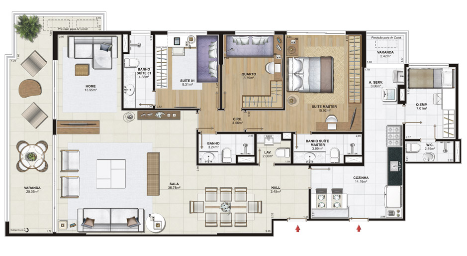 Apartamento 3 quartos (154,48m² a 154,61m²) – OPÇÃO SALA AMPLIADA