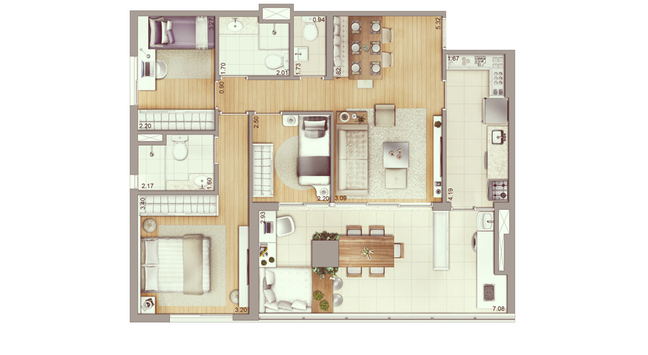 Apartamento de 93m², 3 dormitórios, 1 suíte