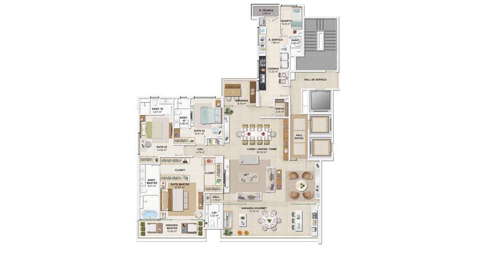Apartamento Opção 2 Tipo Foguel, Reis e Sá Arquitetura -  235,12m²