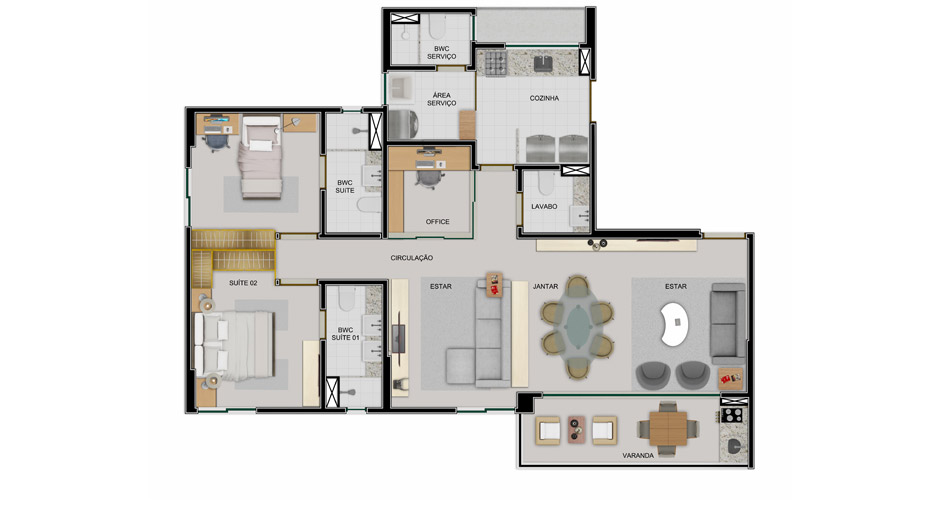 Área do Apartamento 96,7m² - 2 Suítes - Com Varanda Gourmet e Lavabo, Home theather e Office