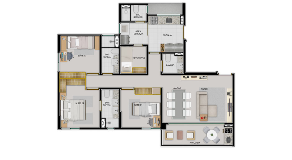 Área do Apartamento 96,7m² - 3 Quartos (Sendo um Suíte Máster) - Com Varanda Gourmet e Lavabo