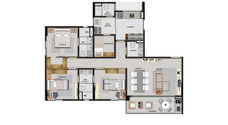 Área do Apartamento 96,7m² - 3 Suítes (Sendo duas canadenses) - Com Varanda Gourmet e Lavabo