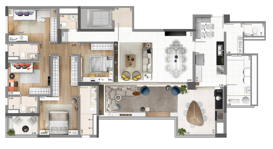 Planta Tipo do apartamento de 189m², 4 dormitórios sendo 2 suítes